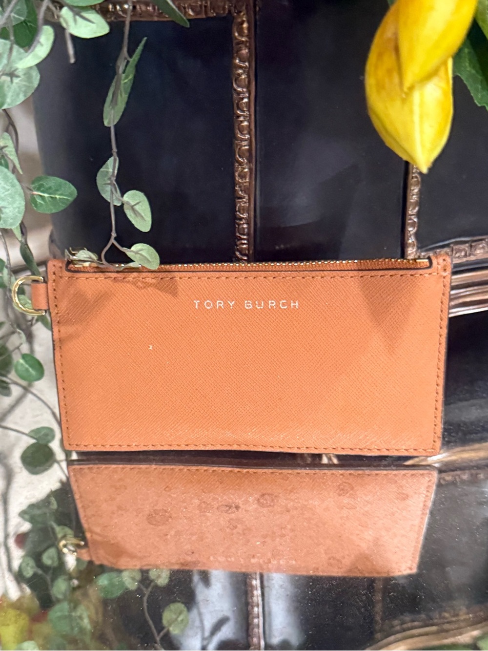 Tory Burch Burnt Orange Saffiano Leather Zip Card Case